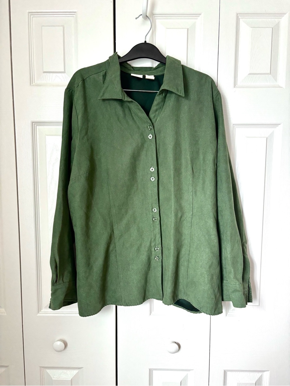 Vintage Olive Green Suede Style Button-Down Shirt